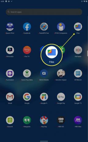 Filer-appen fremhævet på en Android-tablet