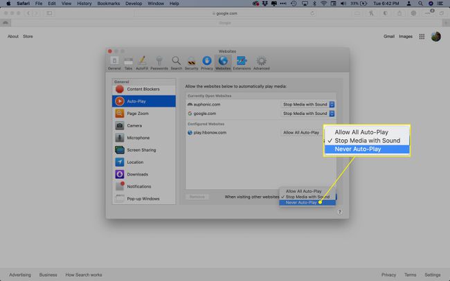 La opción " Nunca reproducir automáticamente" en Safari