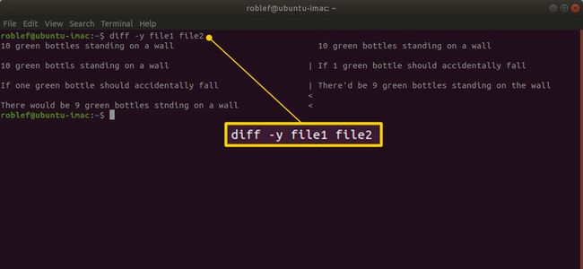 Команда терминала " diff -y file1 file2" в Linux