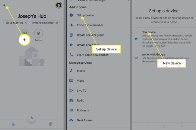 Plus (+), Määritä laite ja Uusi laite Google Home -sovelluksessa