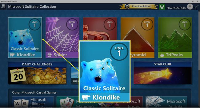 Екранна снимка на класическия пасианс (Клондайк) в колекцията на MS Solitaire