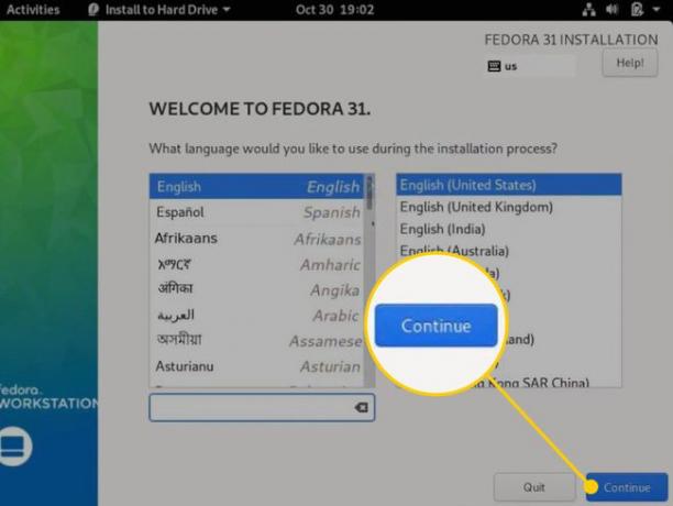 Кнопка " Продолжить" на экране выбора языка для Fedora