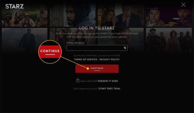 หน้าเข้าสู่ระบบ Starz โดยเน้นที่ปุ่มดำเนินการต่อ