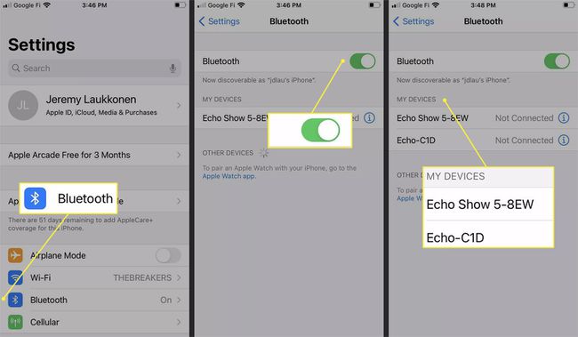 Echo Doti lisamine iPhone'ile Bluetoothi ​​sätete kaudu.