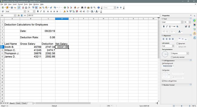 De cel voor het nettosalaris selecteren om te kopiëren in OpenOffice Calc.