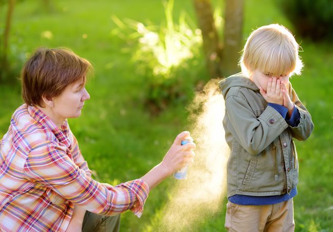 子供に防虫剤をスプレーしている外の誰か。