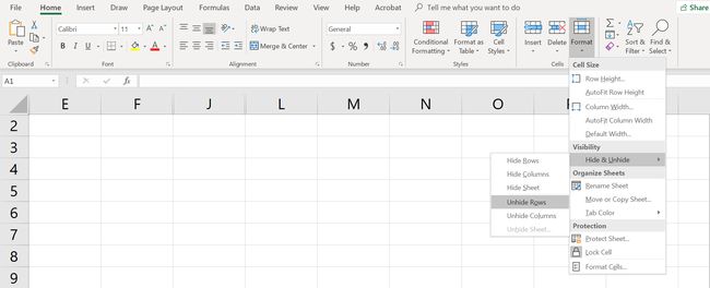 „Excel“ skaičiuoklė su meniu „Formatas“ pasirinktomis „Rodyti eilutes“.