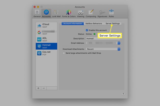 A guia Configurações do servidor nas preferências do Mail em um Mac