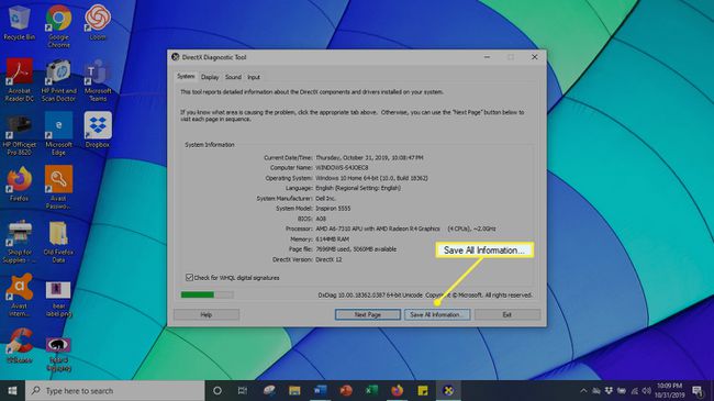 すべての情報を保存が強調表示されたWindows10診断