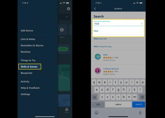 Ekraanipildid, mis näitavad, kuidas leida Alexa rakenduses Fitbiti oskus.