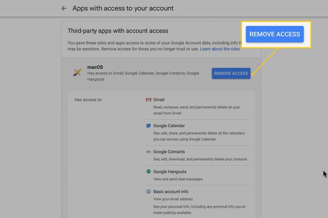 Botão Remover acesso no Gmail