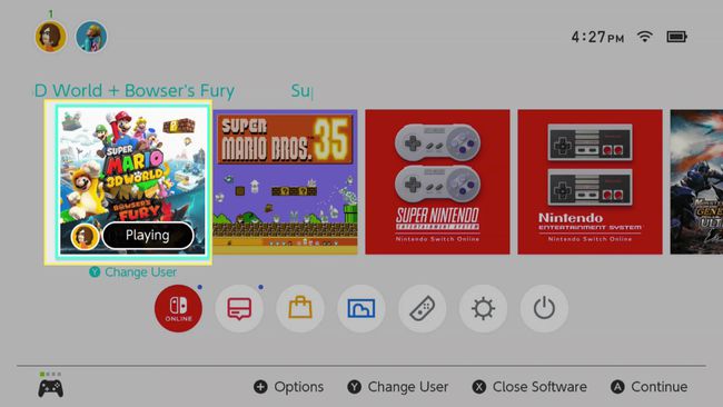 Mängu käivitamine Nintendo Switchi avaekraanilt.