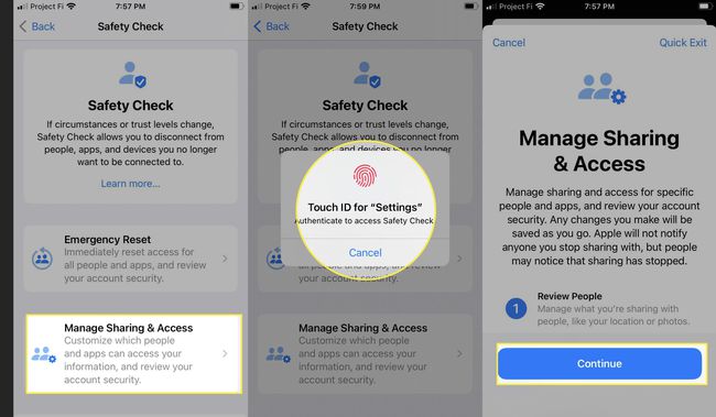 共有の管理とアクセス、Touch ID、および強調表示された続行を使用したiPhoneの安全性チェックの設定