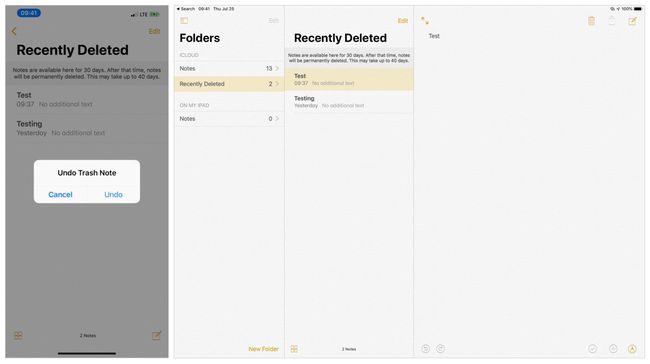 2つのスクリーンショット:(左）iPhone Shake to Undo削除済みノートアクションメッセージ、（右）最近削除されたフォルダーを示すiPadNotes構造。
