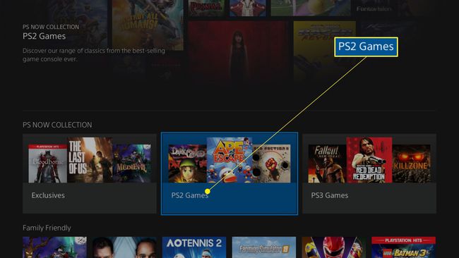 Aplicația PlayStation Now cu colecția PS Now evidențiată afișând categoria de jocuri PS2