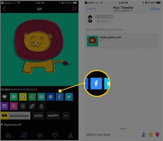 Zrzut ekranu aplikacji Giphy na iOS z przyciskiem posta na Facebooku