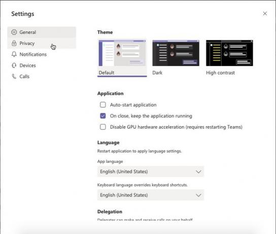 مربع حوار إعدادات Microsoft Teams