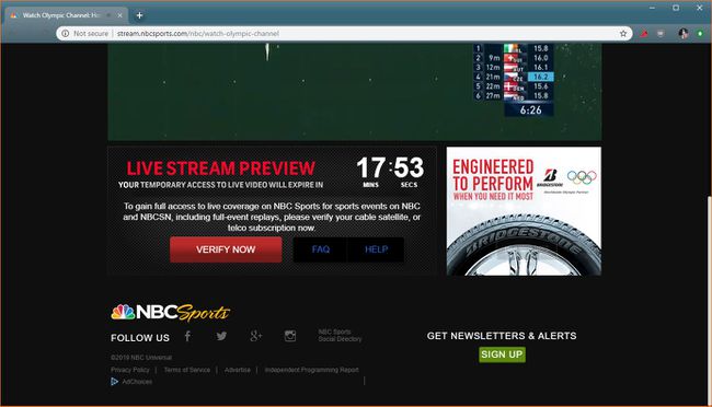 En skärmdump av den begränsade gratis förhandsvisningen av NBC Sports.