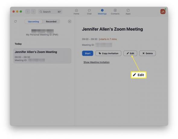 Aplikacija Zoom s označenim Uredi pored sastanka