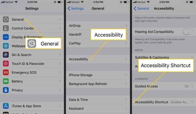 Generelt, Tilgjengelighet, Tilgjengelighet Snarvei-knapper i iOS-innstillinger