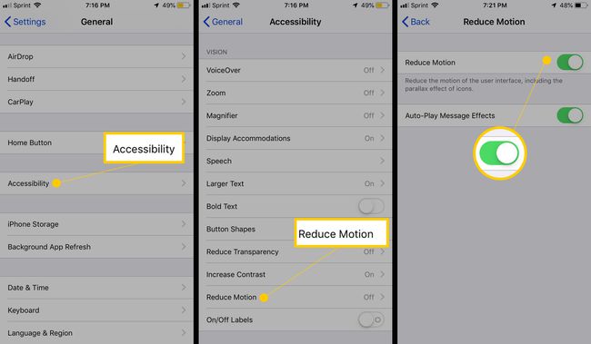 Helppokäyttöisyys, Vähennä liikettä, Vähennä liikettä vaihda ON-asentoon iOS-asetuksissa