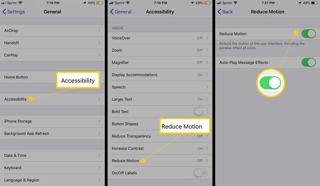 Prieinamumas, Sumažinti judesį, Sumažinti judesį perjunkite į ĮJUNGTA iOS nustatymuose