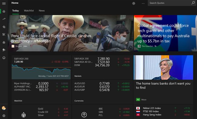 Aplikace MSN Money pro Windows 10 na Surface.