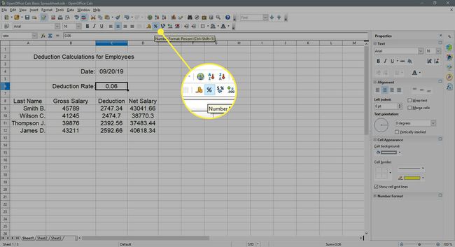 De knop " Getalnotatie: Percentage " in OpenOffice