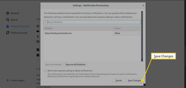 Permisos de notificación en Firefox con el botón Guardar cambios resaltado