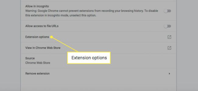 Opciones de extensión en Chrome