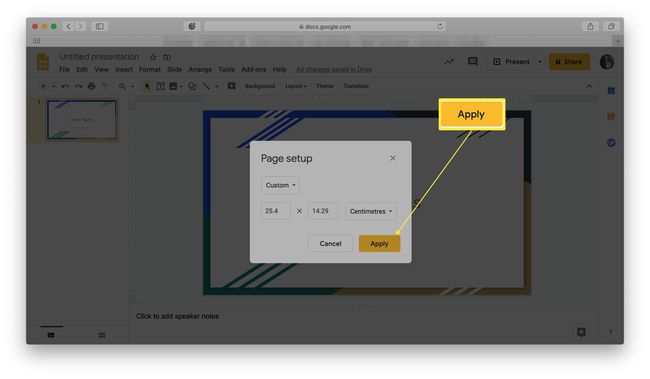 Google Slides พร้อมปุ่ม Apply สำหรับการตั้งค่าหน้าถูกเน้น