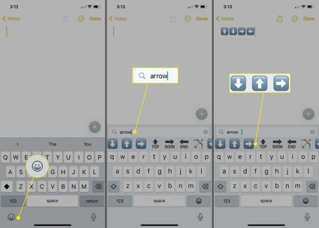 iPhone 絵文字キーボードの絵文字キー、検索ボックス、矢印