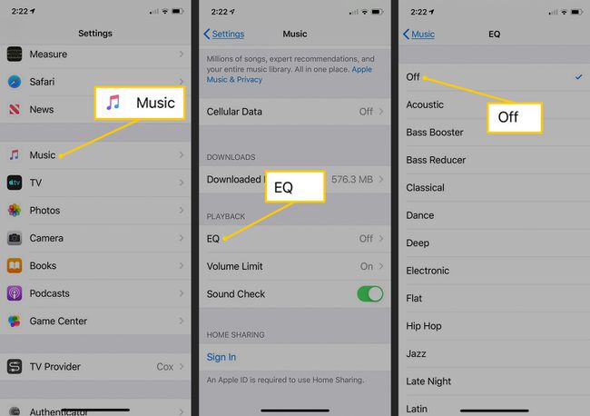 Botões de música, equalizador e desligado nas configurações do iOS