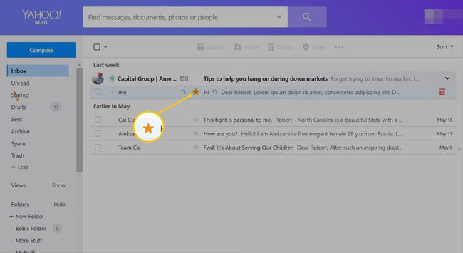 Ícone de estrela próximo à linha de assunto do e-mail no Yahoo Mail