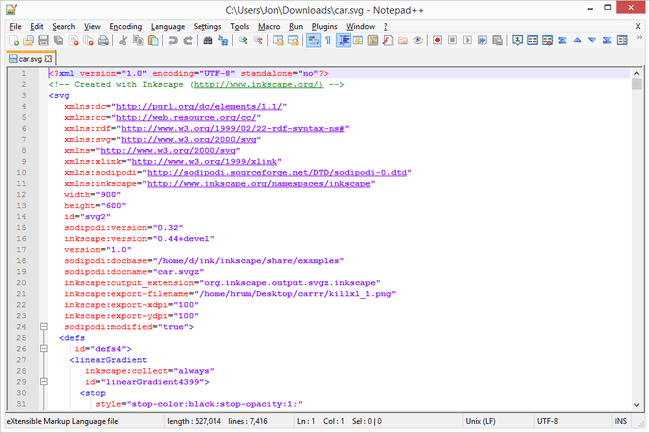 Arquivo SVG aberto no Notepad ++