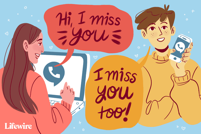 رسم توضيحي لزوجين يتحدثان عبر الكمبيوتر المحمول والهاتف المحمول. " مرحبا اشتقت لك". " أفتقدك أيضا!"