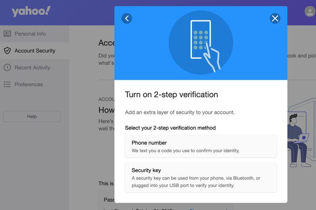 Opções do método de verificação em duas etapas do Yahoo Mail
