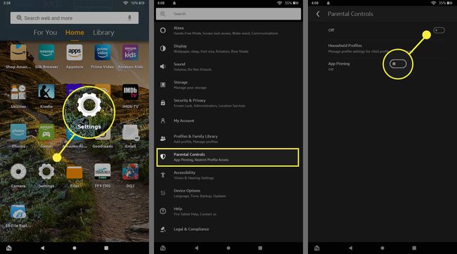 Seadete rakendus, vanemlik järelevalve ja vanemlik järelevalve lülitavad kõik Amazon Fire tahvelarvutis esile.