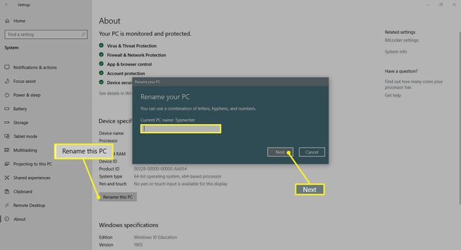 Caixa de diálogo Renomeando PC no Windows 10
