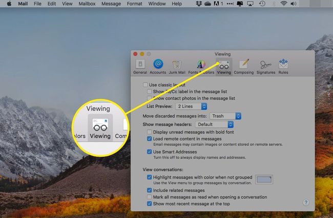 Asetukset OS X Mailissa katseluvälilehden ollessa korostettuna