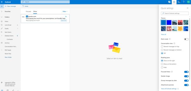 Outlook.com-i seadete menüü ekraanipilt