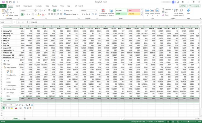 Excel koos kuvatud kontekstimenüüga