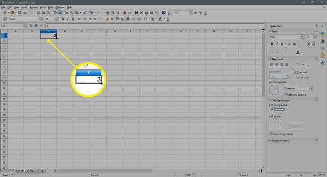 Zadejte 3 do buňky v OpenOffice Calc.