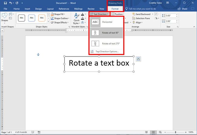 Een screenshot met de opties om de tekstrichting in een tekstvak te roteren