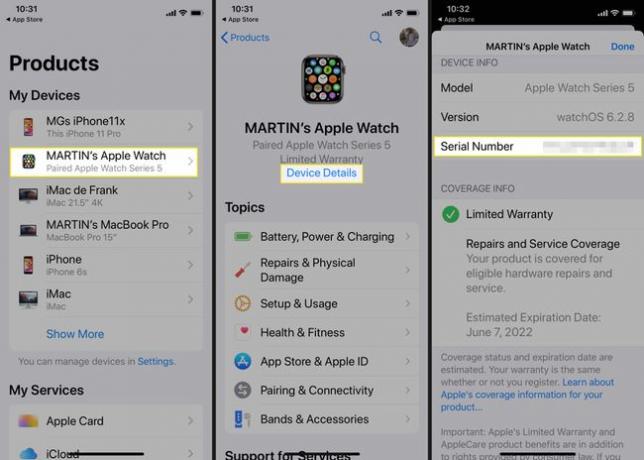 გამოიყენეთ Apple Support აპი თქვენი Apple Watch სერიული ნომრის დასადგენად