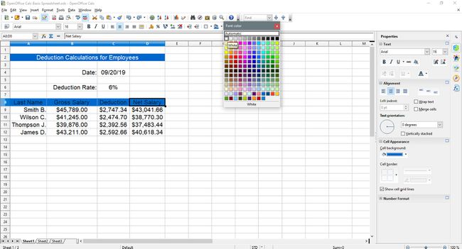 Wit selecteren voor de tekst in OpenOffice Calc.