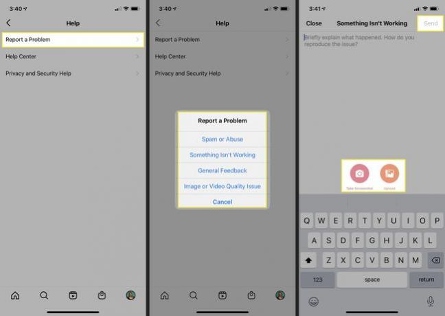 Шаги, чтобы сообщить о проблеме или связаться с Instagram из приложения для iOS.