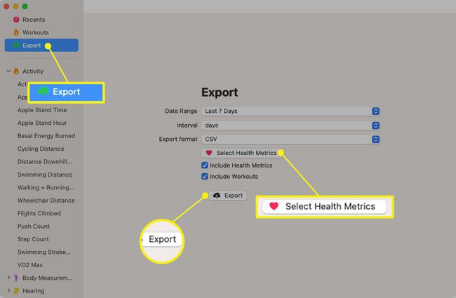 Programma Health Auto Export ar izceltu Export un Select Health Metrics