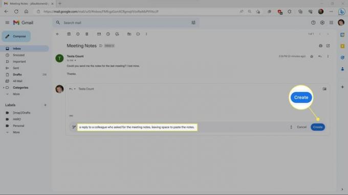 Gmail の Bard インターフェースでハイライト表示された作成。