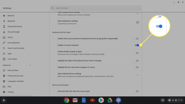 Prekidač za " Omogući zaslonsku tipkovnicu" u postavkama Chromebooka